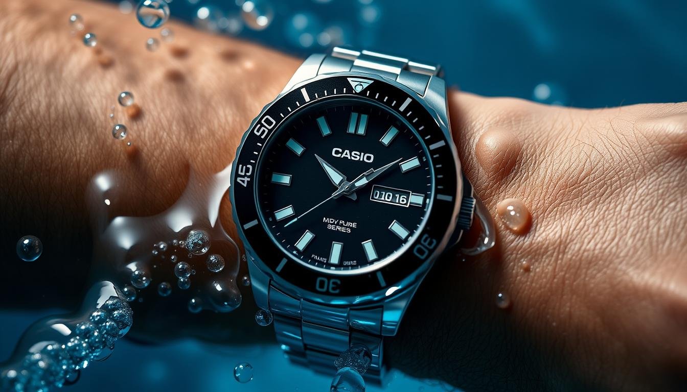 Casio MDV106 Series dive watch on wrist underwater with bubbles