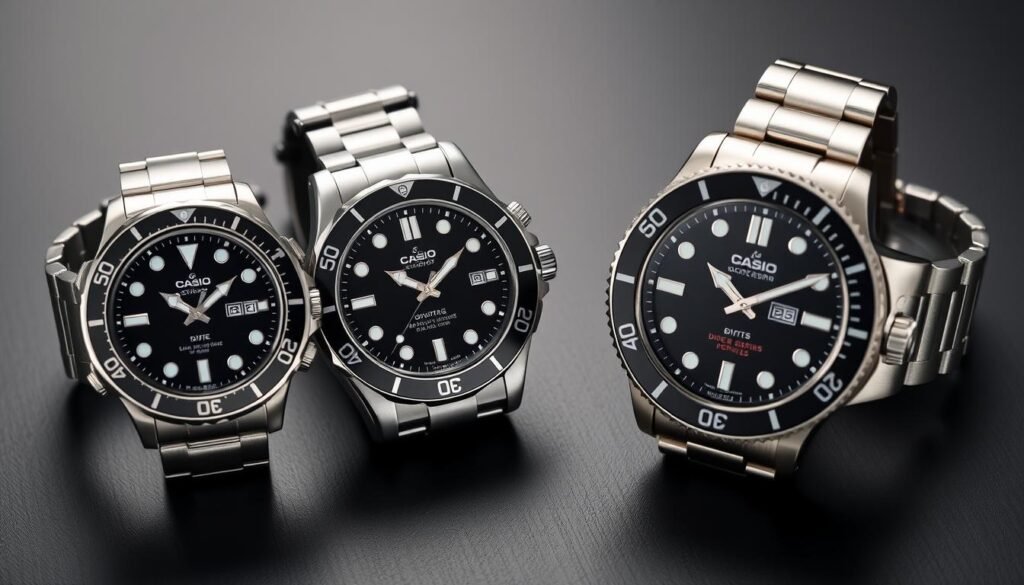 Casio MDV106 Series watch next to expensive luxury dive watches for comparison