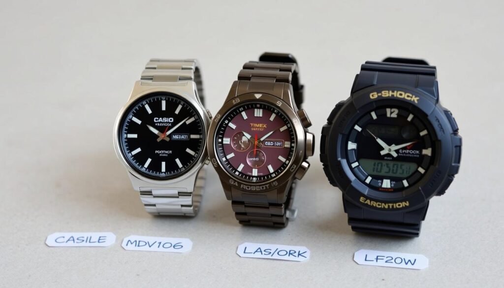 Side-by-side comparison of Casio MDV106, Timex Easy Reader, and G-Shock LF20W watches